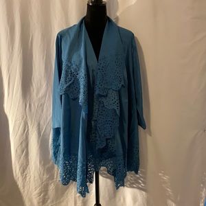 Dennis Basso Woven Perforated Drape Front Cardigan, 2X, Teal/Turquoise